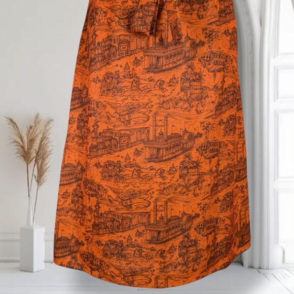 Vintage 60s Mod Belted Shift Dress Size S Orange Americana Print Old West - Picture 9 of 14